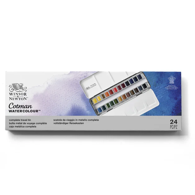 Winsor & Newton Cotman Watercolour Paint Complete 1/2 Pan Travel Tin Set 24